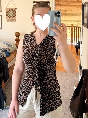 Rachel Roy Leopard Print Lace Up Tank Top Brown Animal Print Blouse Medium